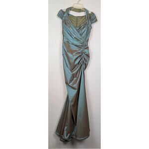 Tadashi Shoji Silk Taffeta Ruched Mermaid Gown Green Dress 2 XS